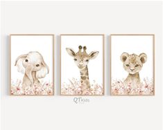 three pictures of giraffes and an elephant with flowers on the wall behind them