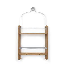 a wooden shelf with two shelves on each side and a metal handle hanging from the top