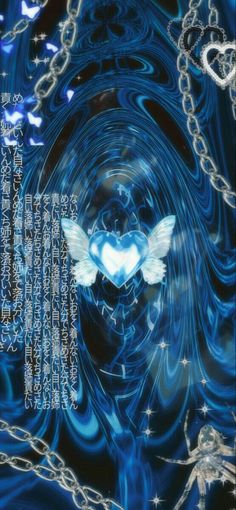 an abstract blue background with angel wings and stars in the center, surrounded by chains