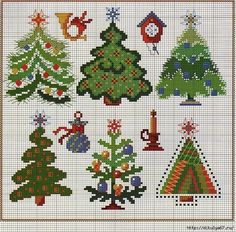 a cross stitch pattern with christmas trees and other holiday decorations on it's side