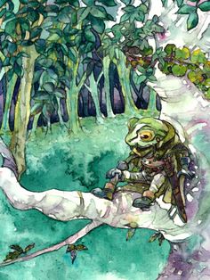 a painting of a frog sitting on top of a tree branch in front of some trees