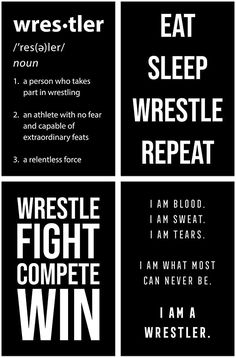 some type of poster with words and phrases in black and white, including an ad for wrestling