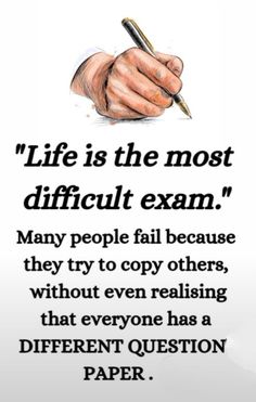 a hand holding a pen with the words life is the most difficult exam many people fail to