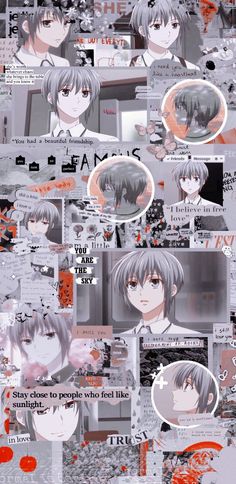 an anime character collage with many different pictures and words on it's side