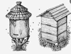 two beehives in the grass, one with a roof and another with a door