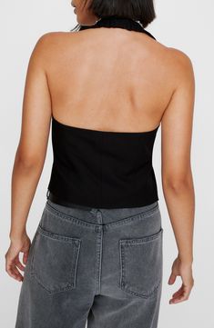 Fall for the tailored silhouette of this date-night tank designed with a modern square neck and an open back. Exclusive retailer 9 1/2" length (size 8) Front button closure Square halter neck Lined 66% viscose, 30% polyester, 4% elastane Dry clean or machine wash, line dry Made in Turkey Sleeveless Halter Top With Built-in Bra For Date Night, Sleek Halter Neck Top For Date Night, Fitted Tank Top With Built-in Bra For Date Night, Chic Halter Neck Tube Top With Built-in Bra, Fitted Halter Neck Tank Top With Built-in Bra, Fitted Camisole With Built-in Bra For Evening, Elegant Stretch Bandeau Halter Top, Chic Fitted Strapless Camisole, Chic Strapless Fitted Camisole