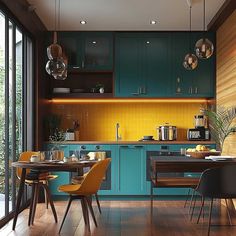 a kitchen with blue cabinets and yellow chairs in front of the counter top is surrounded by wood flooring