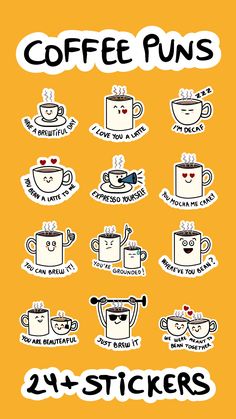 coffee puns stickers on an orange background with the words, 24 - stickers