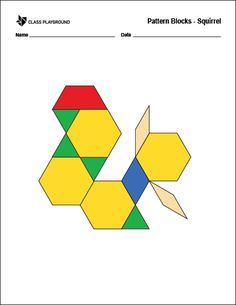 the pattern blocks squirrel is shown in yellow and green