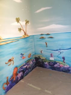 this is an image of a child's room with murals on the walls and floor