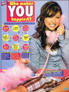 a magazine cover with a girl talking on the phone and texting who makes you happiet?