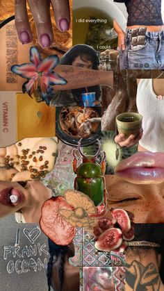 a collage of photos with different things on them including hands, food and other items