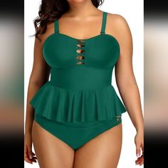 Yonique Plus Size Swimsuits For Women Tummy Control Two Piece Bathing Suits Peplum Tankini Tops High Waisted Swimwear Color: Green Size: 18w Green Sleeveless Ruffled Tankini, Modest Bathing Suits, High Waisted Swimwear, Plus Size Bathing Suit, Modest Bathing Suit, Backless Tankini, Green Decoration, Peplum Tankini, High Waisted Tankini