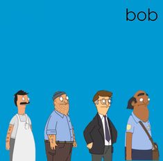 cartoon characters standing in line with the word bob on it's back and bottom