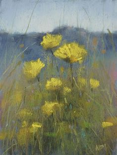 a painting of yellow flowers in the grass