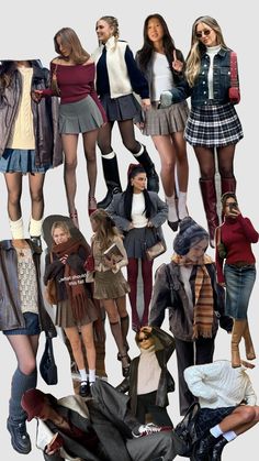 a collage of women in skirts and sweaters, all wearing different outfits with their feet on the ground