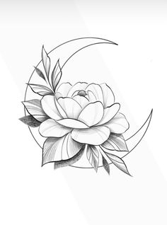 a black and white drawing of a flower with leaves on it's side, in front of a half moon