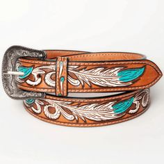 Belt - American Darling White Feather Hand Tooled & Painted Leather Belt ADBLF107 Feather Belt, Belt Ideas, Native American Regalia, Tooled Leather Belts, Western Store, Leather Ideas, White Feather, Beaded Belt, Cowgirl Western