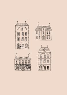 three houses are shown in black and white on a pink background, one is drawn by hand