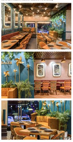 the inside and outside of a restaurant with wooden tables, chairs, and plants in it