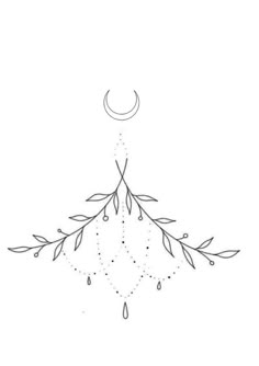 a black and white drawing of a tree branch with a crescent hanging from it's top