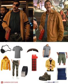 a collage of photos with men's clothing and accessories including an orange jacket