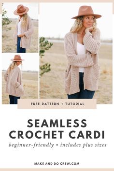 a woman wearing a hat and cardigan sweater with the words seamless crochet card