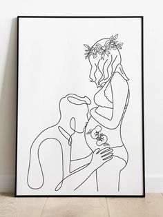 a black and white line drawing of a man holding a woman's head with flowers in her hair