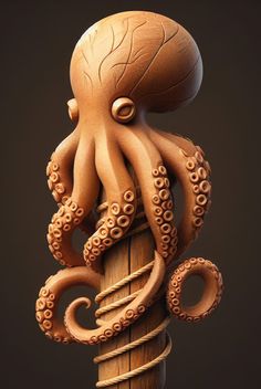 an octopus sculpture on top of a wooden pole