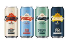 six different types of soda cans in various colors and flavors, all with the same label