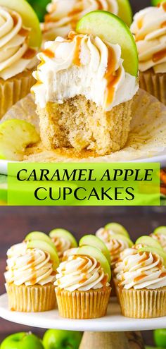 caramel apple cupcakes with white frosting and apples in the background