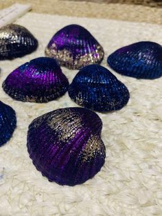 purple and blue seashells sitting on a white surface