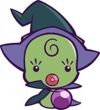 a green and purple cartoon character with a hat on its head, holding a ball