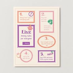 a card with the words five money rules for everyone to know and do on it