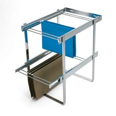 a metal shelf with two blue bins on it