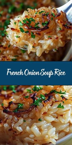 french onion soup rice in a bowl with a spoon