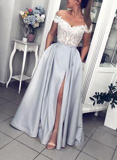 SSR348,grey off the shoulder v-neck cap sleeves applique pocket split satin lace evening dress · SheSheRose · Online Store Powered by Storenvy Evening Dress Long, Winter Formal Dresses, Prom Dresses With Pockets, Prom Dresses 2020, Lace Prom Dress, Cute Prom Dresses, Satin Prom Dress, Dresses 2020, Lace Evening Dresses