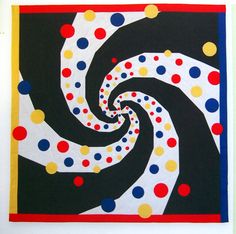 an abstract painting with multicolored polka dots on black and white paper, in the shape of a spiral