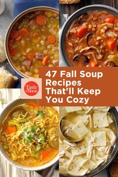 four different soups with the words, 47 fall soup recipes that'll keep you cozy