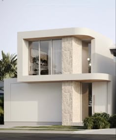 an architectural rendering of a modern house with white walls and stone accents, along with palm trees