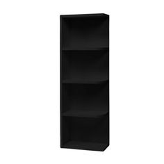 a black book shelf with three shelves on each side and one door open to reveal the bottom