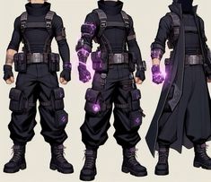 three different views of a man in black clothing with purple lights on his chest and arms