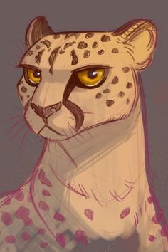 a drawing of a cheetah with yellow eyes