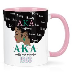 a pink and white coffee mug with the words aka on it