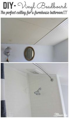 the before and after shots of a bathroom remodel with white tile, shower head, and ceiling