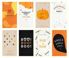 there are many different halloween cards on this page, each with an orange and black theme