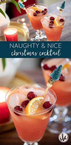 two glasses filled with orange and cranberry christmas cocktails