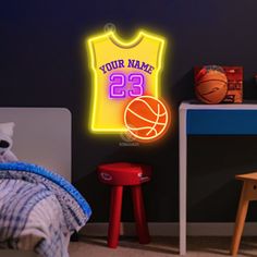 a neon basketball jersey with the number 23 on it is next to a bed in a bedroom