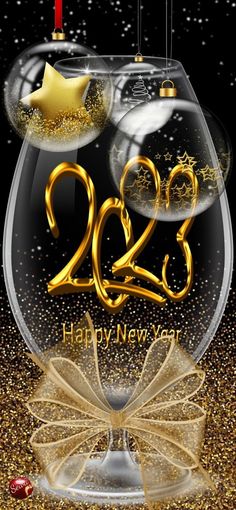 a happy new year card with two ornaments in a glass bowl and the number twenty