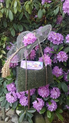 purple flowers are growing next to a wire basket